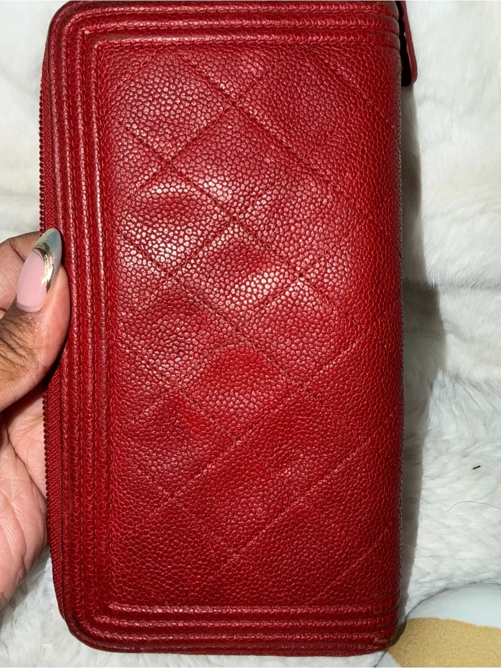 CHANEL Red Quilted Caviar Leather Leboy Zip Wallet- GOOD CONDITION